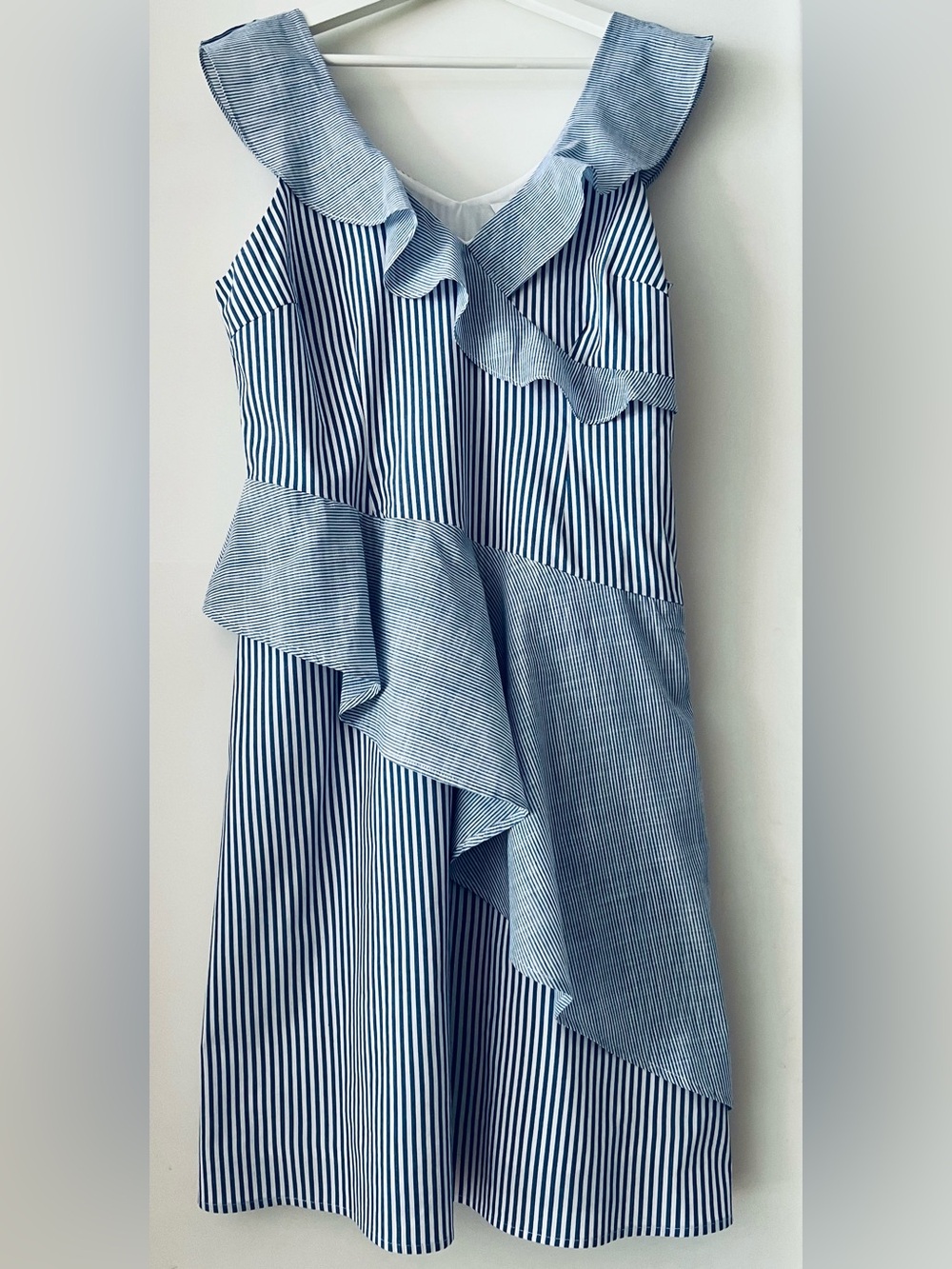 Collective Concepts Blue and White Asymmetrical Ruffle Dress